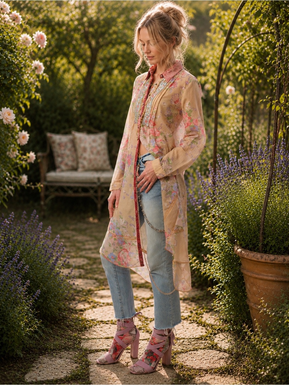 Aratta XL “Christie” Shirt-Dress in a Faded Sand Floral Pattern with Embroidery